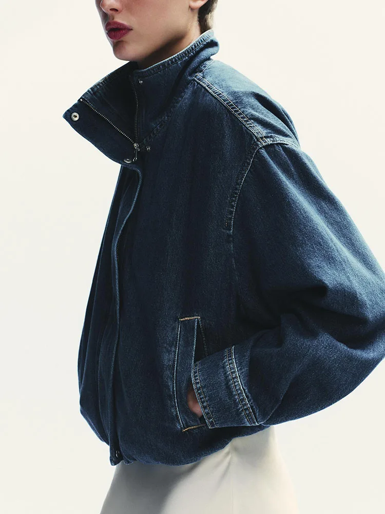 

Fall 2025 Women's Faion Comfortable Versatile Long Sve Stand Collar Denim Jaet New Arrival Timel Sle Ladies Coat