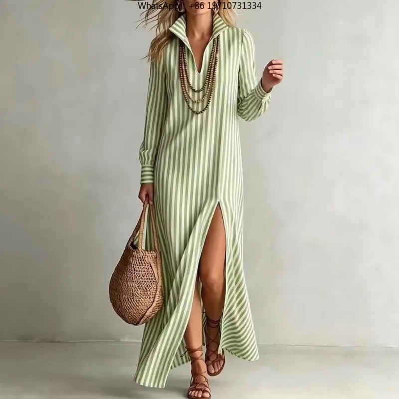 Women Autumn Striped Print Maxi Dress V Neck Long Sleeve Loose Slit Straight Boho Long Dress