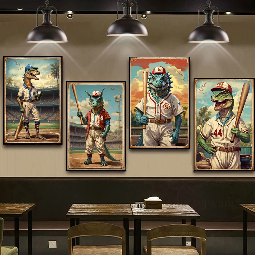 

Vintage Surreal Lizard Dinosaur Baseball Player Posters Prints Art Canvas Painting Sports Enthusiast Bedroom Home Decor Cuadros