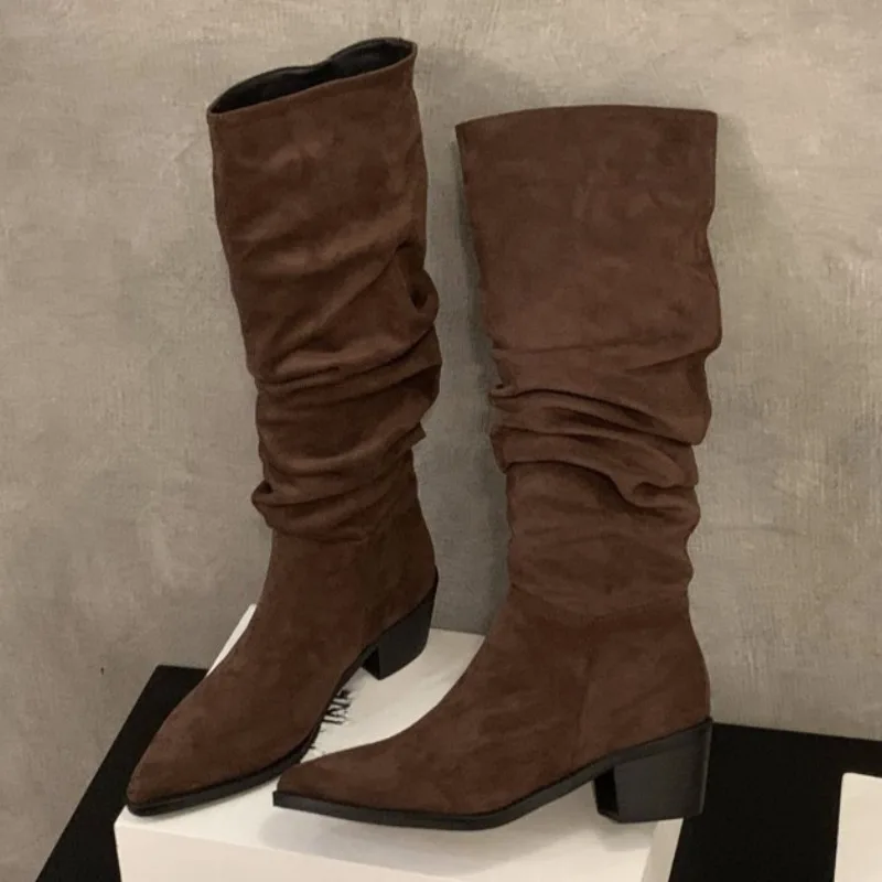 

Women Pointed Toe Mid Heels Knee Boots 2025 Designer Fashion Shoes Winter Suede Dress Pumps New Long Boots Elegant Zapatos Mujer