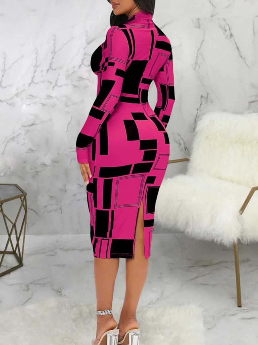 LW SXY Geometric Print Patchwork Bodycon Dress Mock Neck Body-shaping Long Sleeve Stretchy Women Skinny Streetwear Clothing