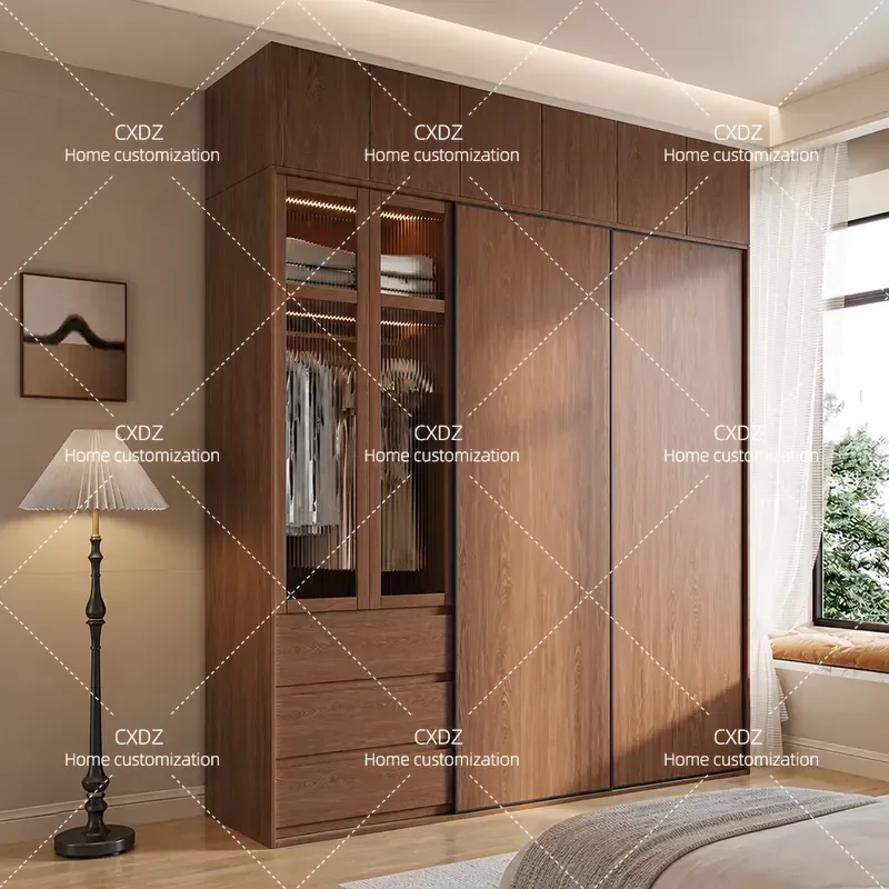 Oak Sliding Door Wardrobe Solid Wood Bedroom Closet Small Apartment Storage Cabinet Walnut Finish Modern Home Furniture