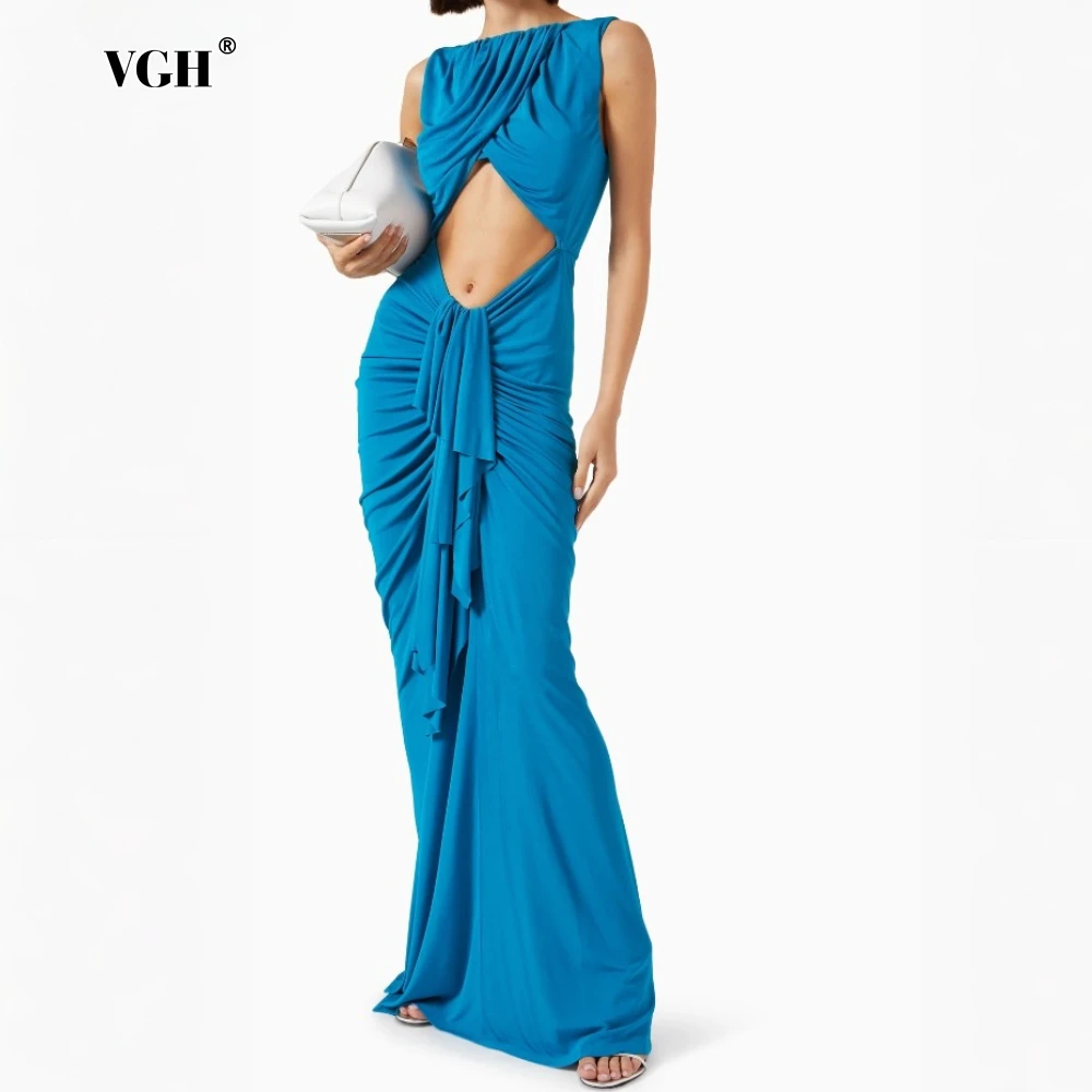 VGH Birthday Party Bright Blue Cutout Design Mermaid Maxi Gown for Women O Neck Sleeveless Slimming Ruched Skirt for Luxury Prom