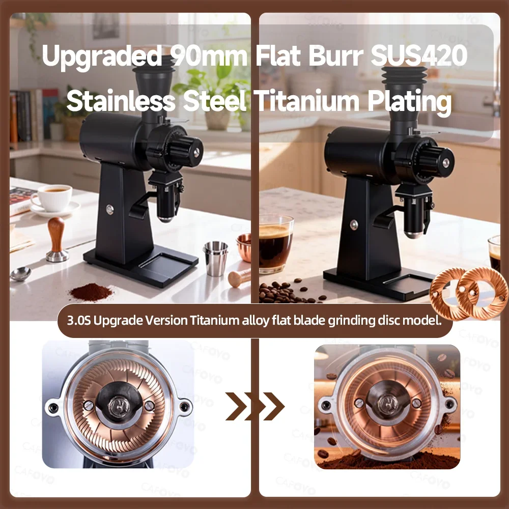 CAFOVO G290F Straight Drop Coffee Bean Grinder 90mm Titanium Plating Flat Burrs Anti-Static Design 2000 RPM Coffee Milling Maker