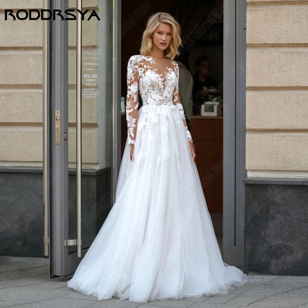 Roddrsya elegante vestido de novia de encaje de letra a calcomanía de cuello redondo de manga largRODDRSYA-vestido De Novia De encaje elegante, traje De manga larga con cuello redondo, apliques De botones, talla grande