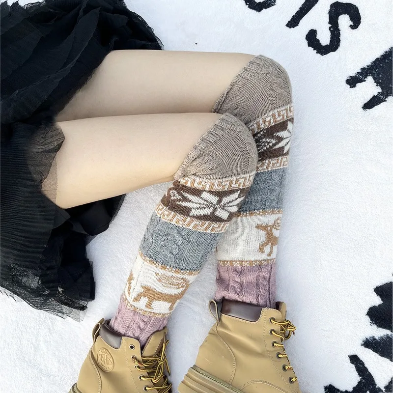 Autumn and Winter Twist Snowflake Deer, Christmas Socks, Knitted Knee Pads, Wool Stacking Socks, Leg Warmers  Thigh High Socks