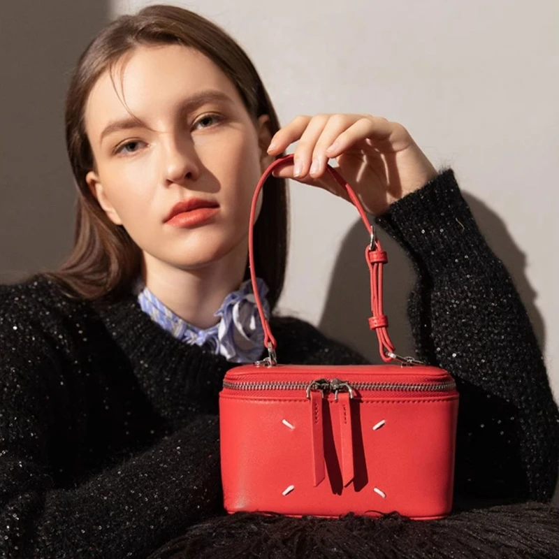 

Sheepskin Box Makeup Bag, Genuine Leather Phone Bag, Fashionable Red Small Bag, Single Shoulder Cross Shoulder Handbag for Women