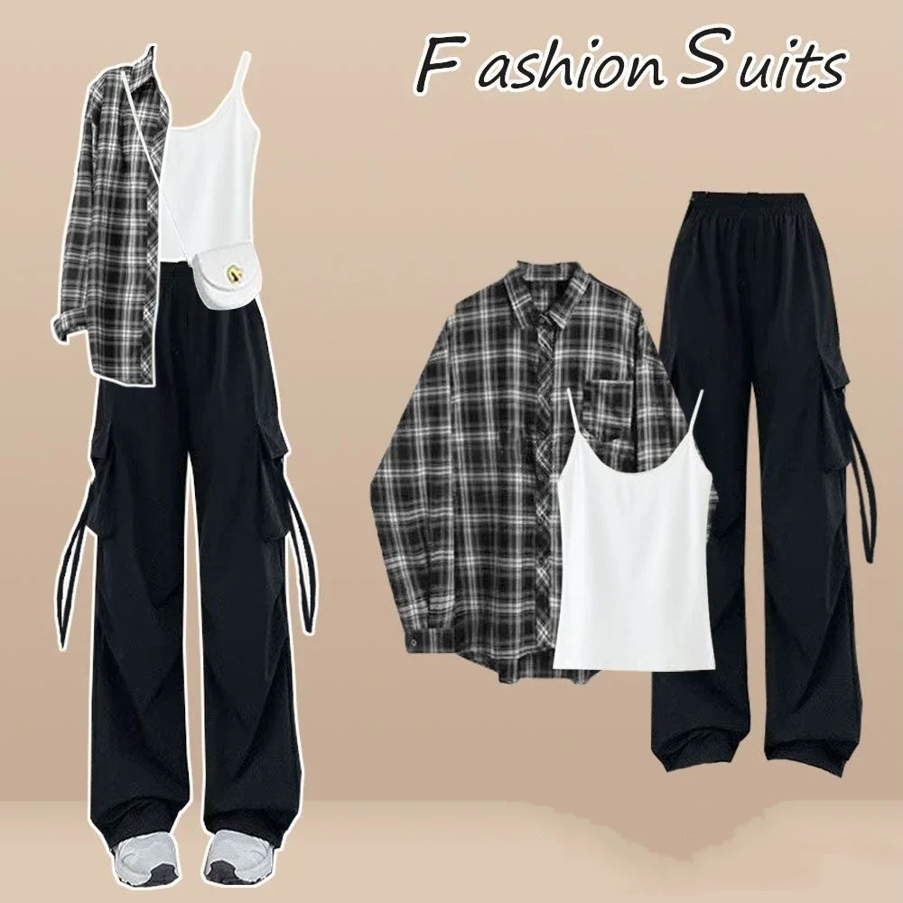 2025 Spring Fall New Women Black Plaid Shirts Sling Cargo Pants 3 Piece Sets Lady Casual Loose Blouse Vest Trousers Suits