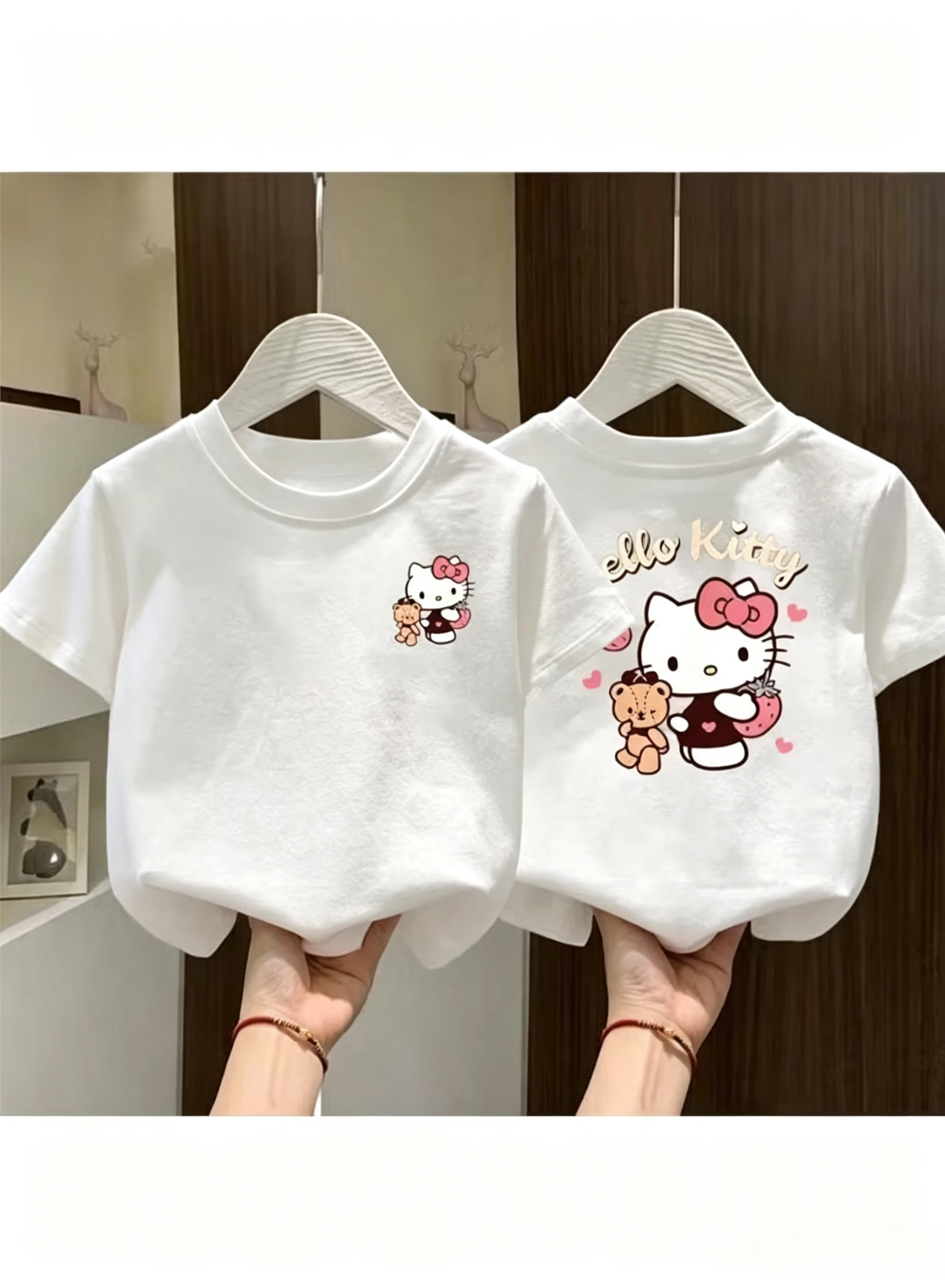 Kids Girls Short Sleeve Tshirt Hello Kitty Teddy Bear Strawberry Front Back Print Tee Children Casual T-shirt