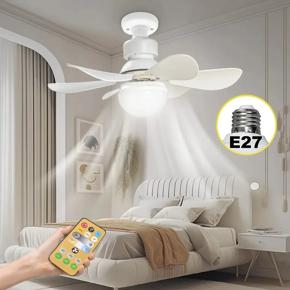 Inteligente LED Luz Ventilador de teto, mudo, elétrico, baixo perfil, controle remoto, design moderno, E27