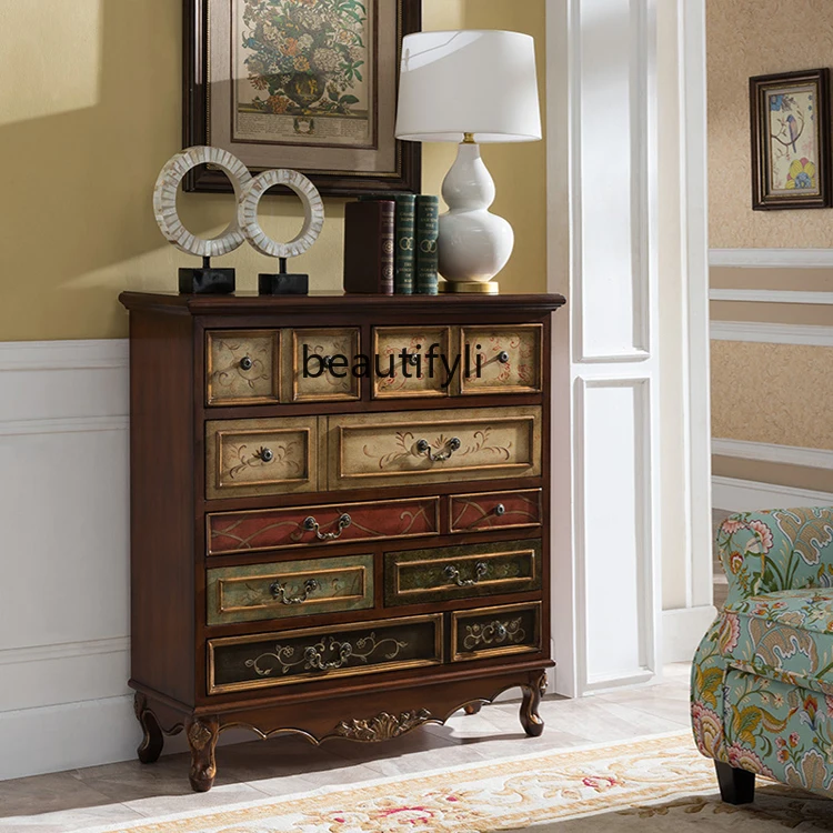 American nine-chest cabinet solid wood porch drawer art dining side storage and finishing cabinet painted cabinet