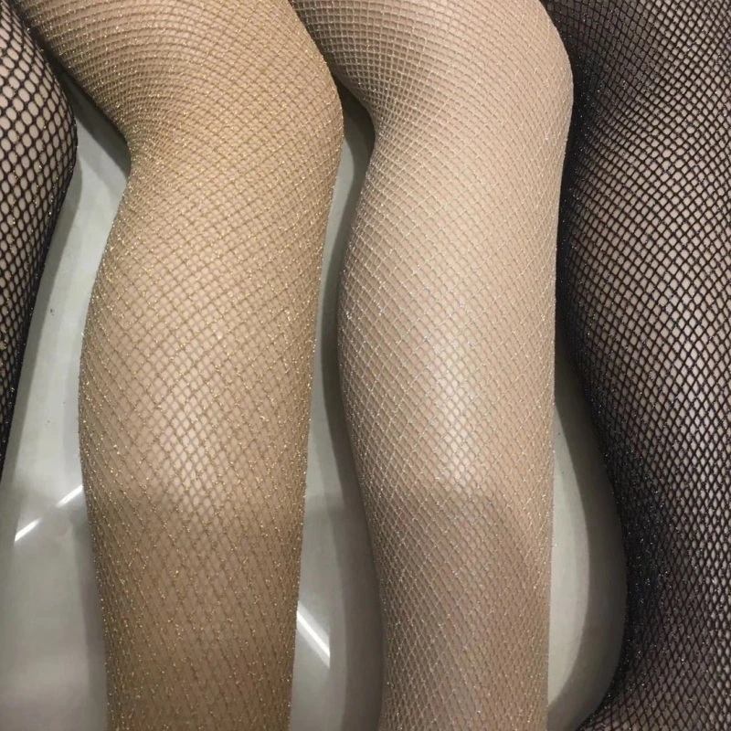 Summer Women Fashion Gold Glitter Silver Glitter Fishnet Carnival Tights Mid-rised Black Nude Color Mini Small Medium Big Hole