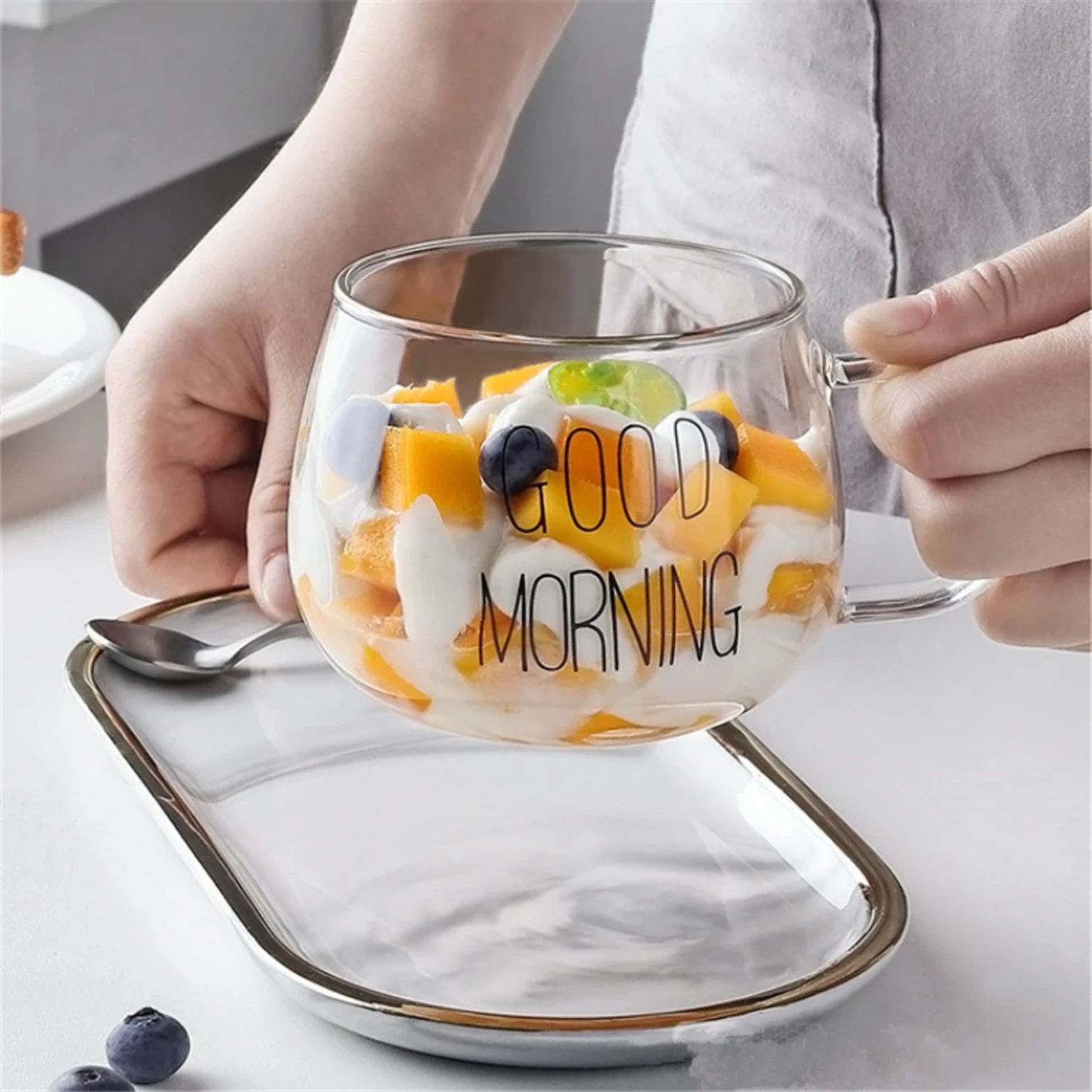 Transparent Creative Letter Printed Glass Coffee Tea Drinks Dessert Cup - Stylish Handle Glass Mugs for Breakfast Milk - Unique 