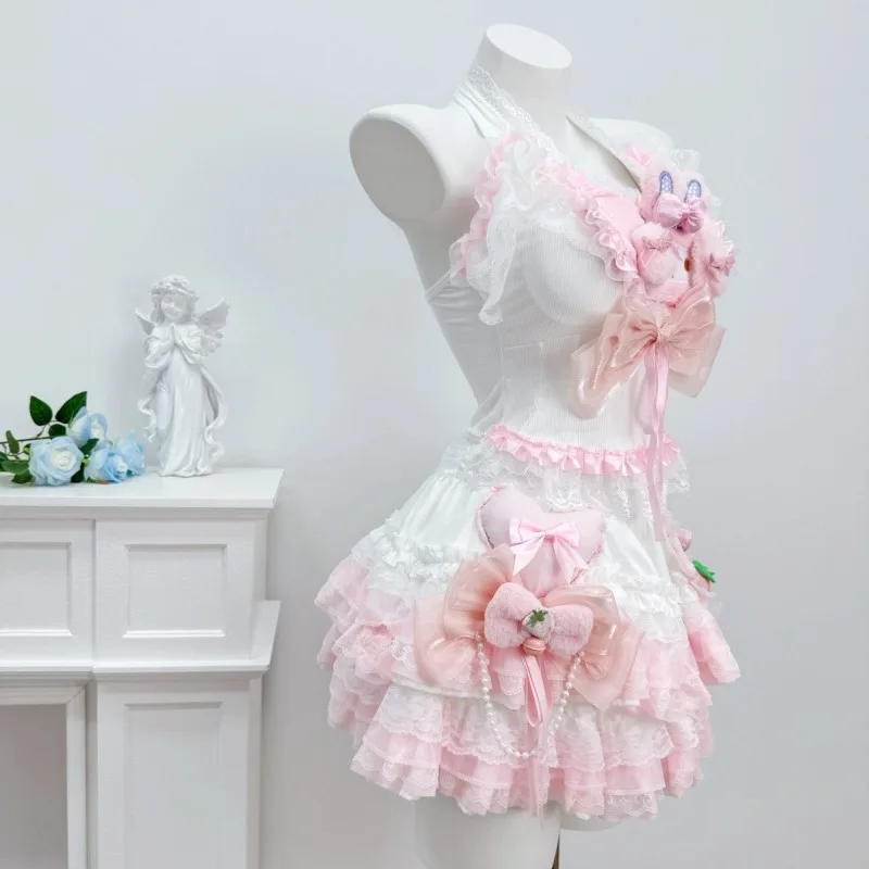 Pink and White Melody Sweet and Spicy Hanging Neck Set for Girls Lolita Lace Cake Short Skirt Soft Girl Cute Two Piece Set view 6
