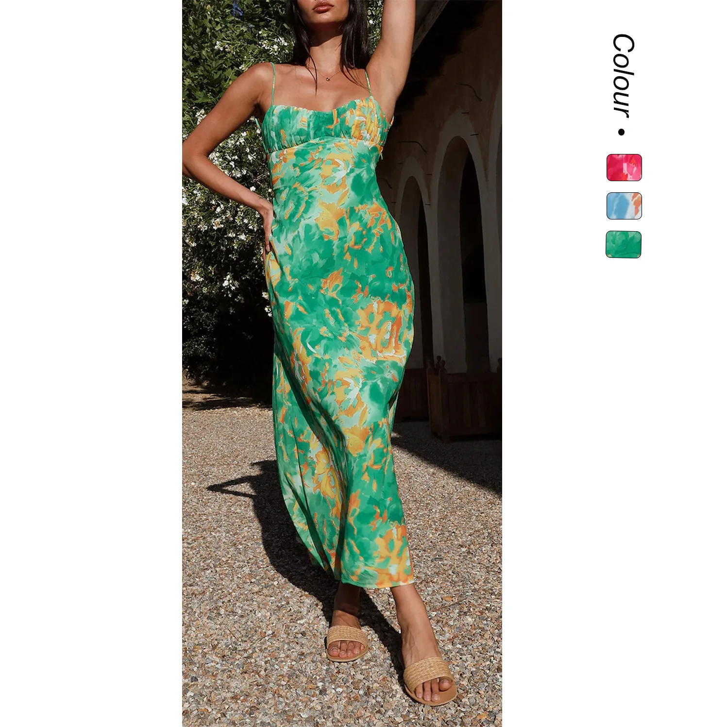 

2026 Summer New Arrival: Chic Style Thin Strap Backless French Low-cut Camisole Dress 23069-1 Clothing Midi Femme