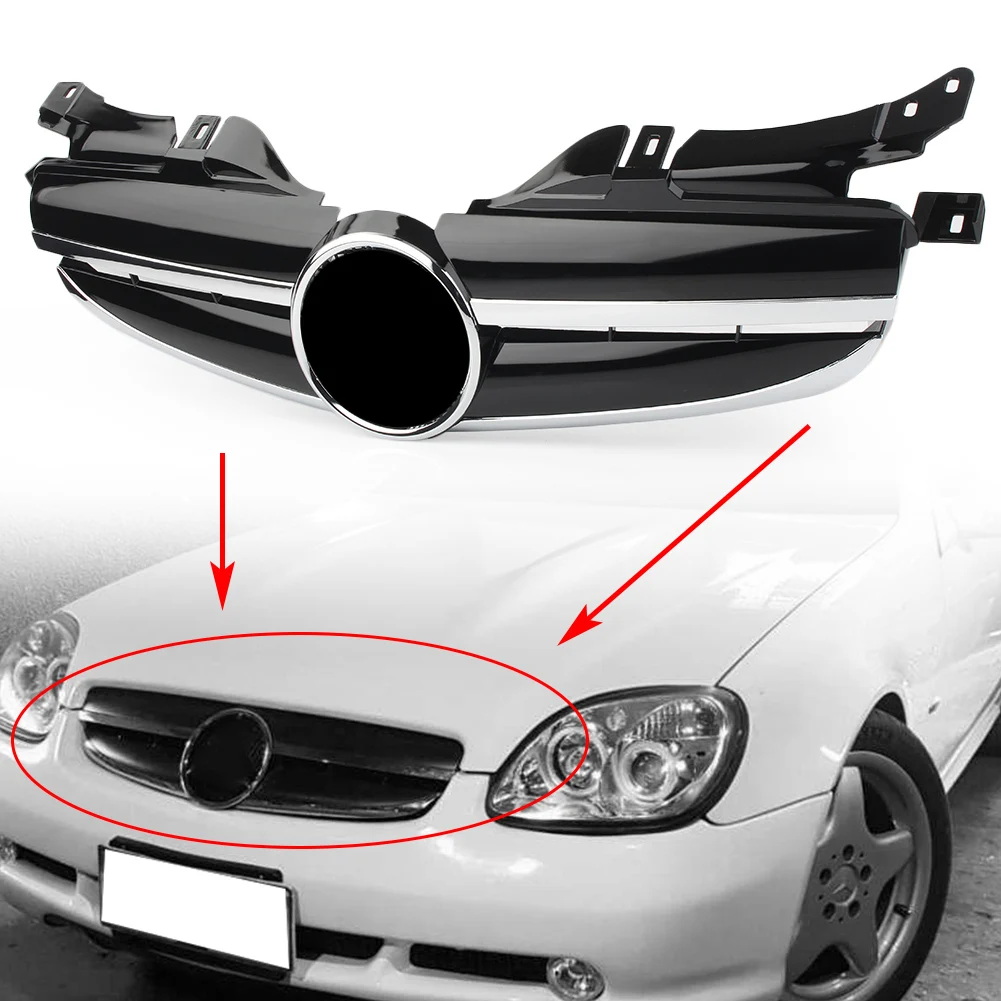 

2-Pin Car Front Mesh Grille Grill w/ Logo For Mercedes Benz SLK-Class R170 W170 1998 1999 2000 2001 2002 2003 2004 Chrome Black