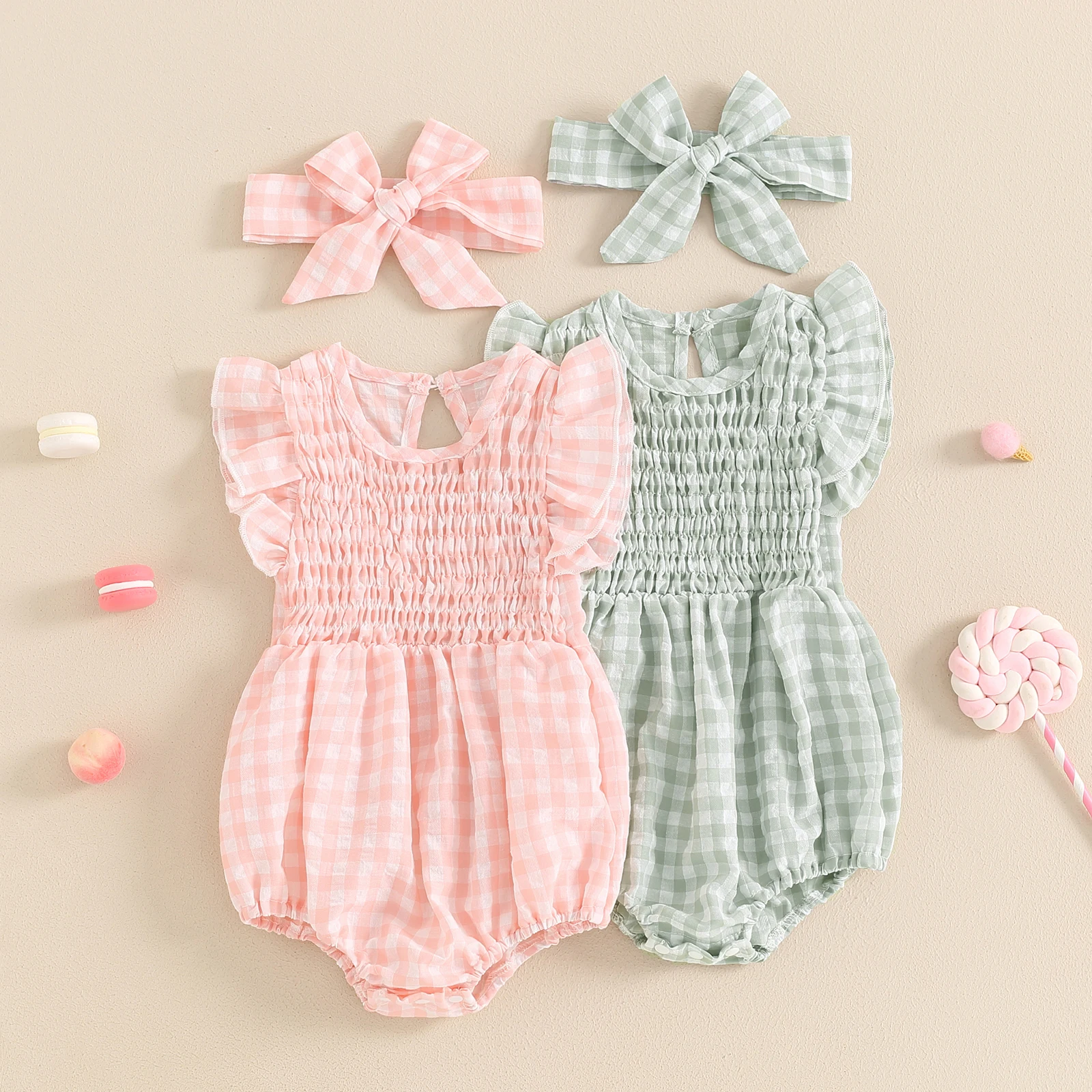 ma&baby 0-18M Baby Girl Romper Newborn Infant Toddler Plaid Print Ruffle Jumpsuit Headband Outfits Summer Clothing