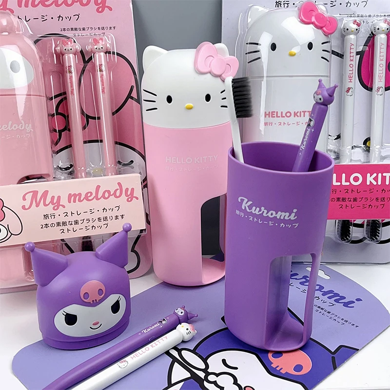 Sanrio Cartoon Soft Hair Brush Tooth Cup Set With Cover Travel Kuromi Hello Kitty Melody Student Girl Gift