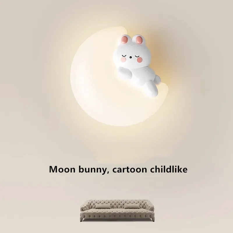 Children's Bedroom LED Wall Lamp Cartoon Rabbit Design Warm Lighting for Boy Girl Room Cream Wind Bedside Background Light