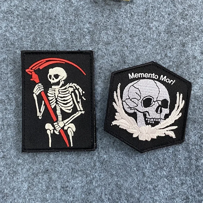 Memento Mori Embroidered Patch Skull Military Tactical Morale Badge Hook and Loop Armband Clothing Appliques Backpack Patches