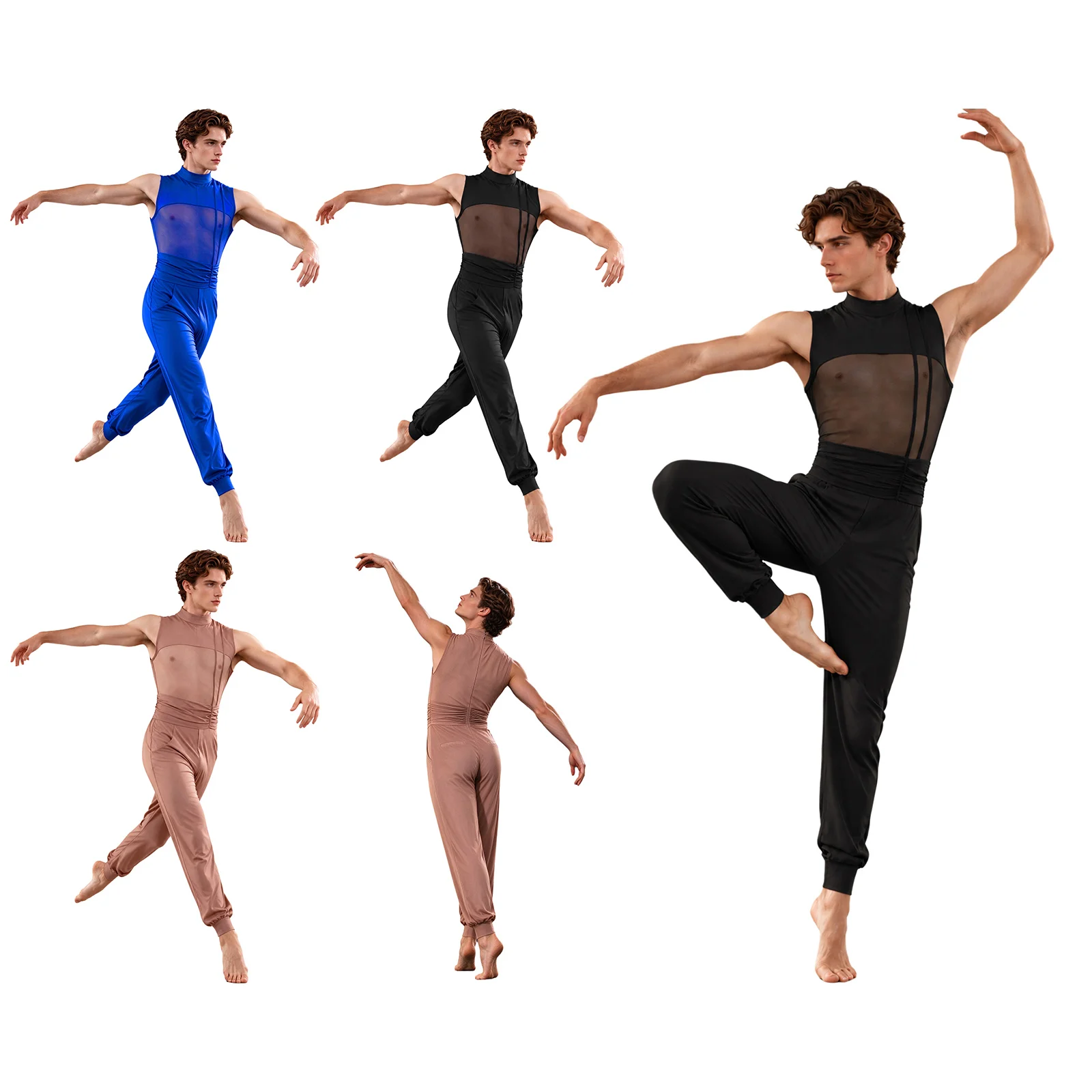 Men Modern Lyrical Dance Jumpsuit Sleeveless Sheer Mesh Patchwork Bodysuit for Skating Gymnastics Ballet Contemporary Dancing