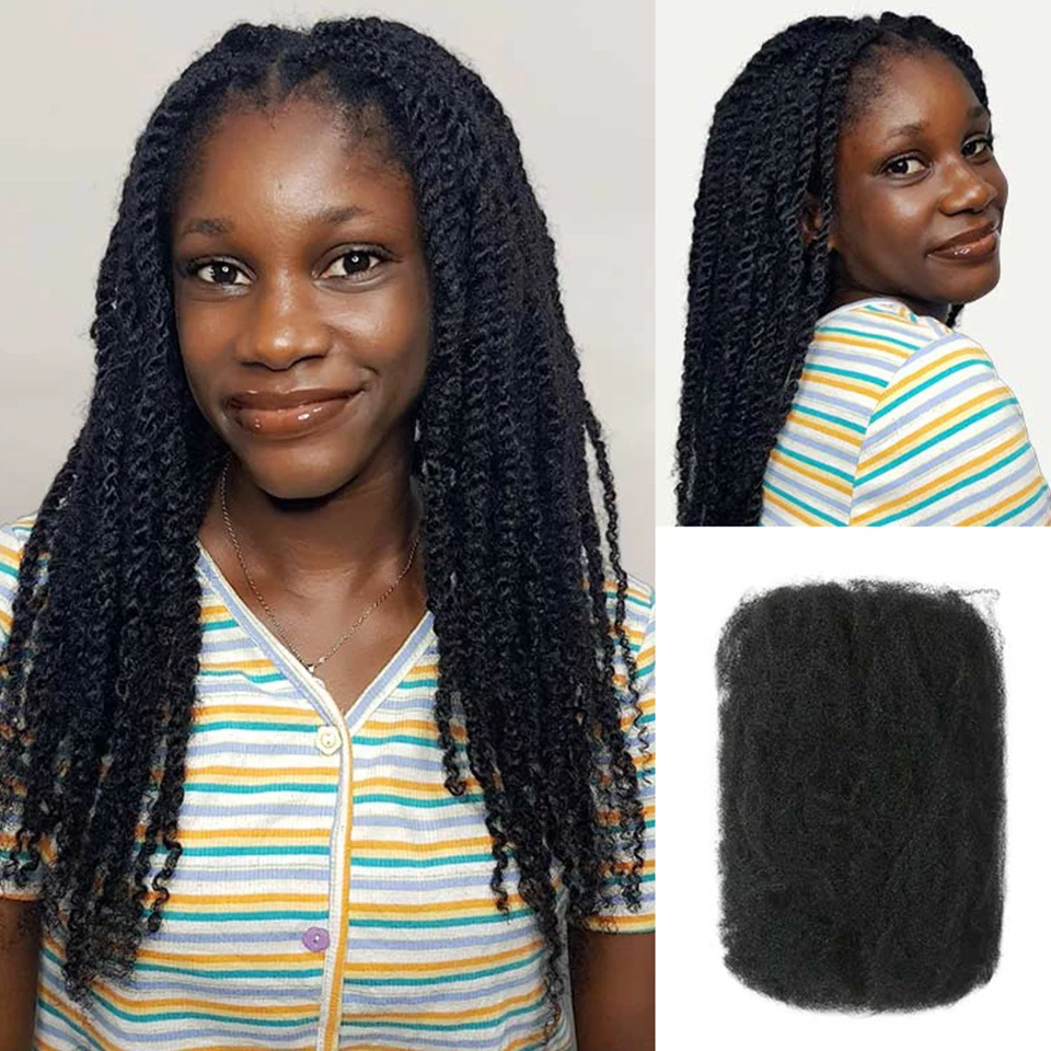 QVR Afro Kinky Bulk Human Hair Extensions Natural Black/Brown/Grey - Lightweight for Braiding, Styling & Everyday Wear