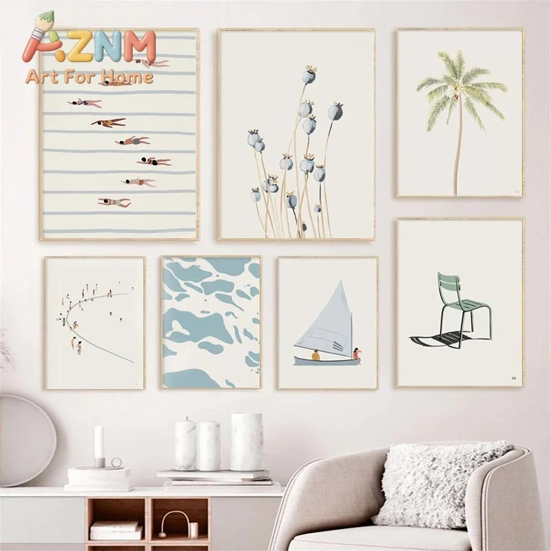 Sailboat Swimming Pool Ocean Floral Minimalist Wall Art Canvas Painting Posters And Prints Wall Pictures For Living Room Decor