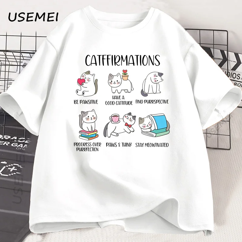 Positive Cats Catffirmations T-Shirt for Men Women Cat Lover Teacher T Shirt Funny Cat Graphic Tees Mens Designer Clothes Top