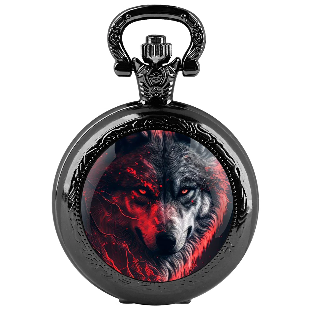 كول الأحمر الذئب تصميم زجاج قبة خمر ساعة جيب كوارتز الرجال النساء قلادة قلادة سلسلة ساعة ساعة مجوهرات هدايا الأطفال