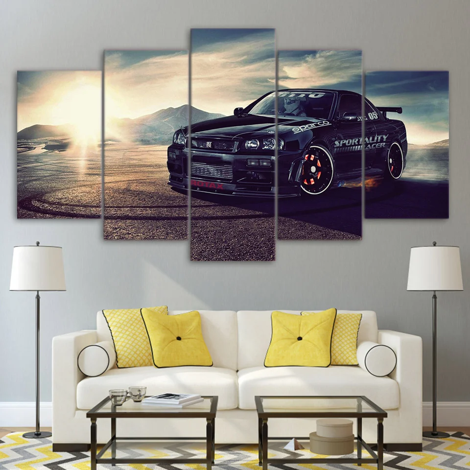

5 Piece Cool Black Car Landscape Modern Cuadros Paintings Wall Art HD Pictures Posters Home Decor for Living Room Decorations