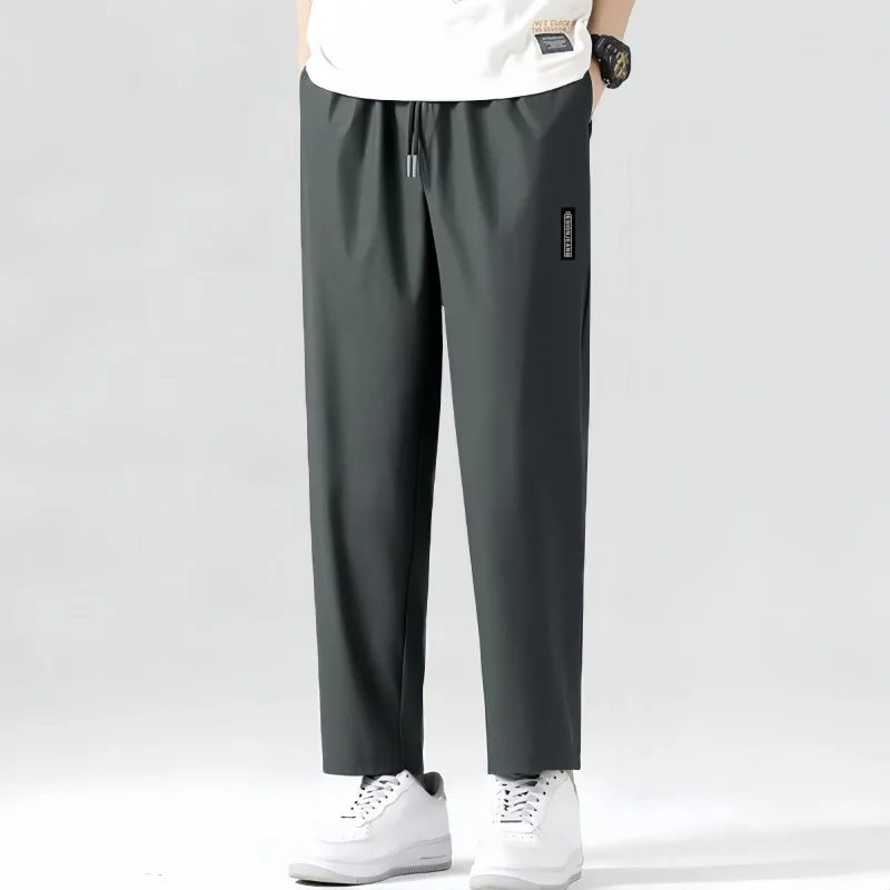 

Men's k Grey Elastic Waist Straight Leg Pants Loose Fit Casual Summer Trousers With Drawstring