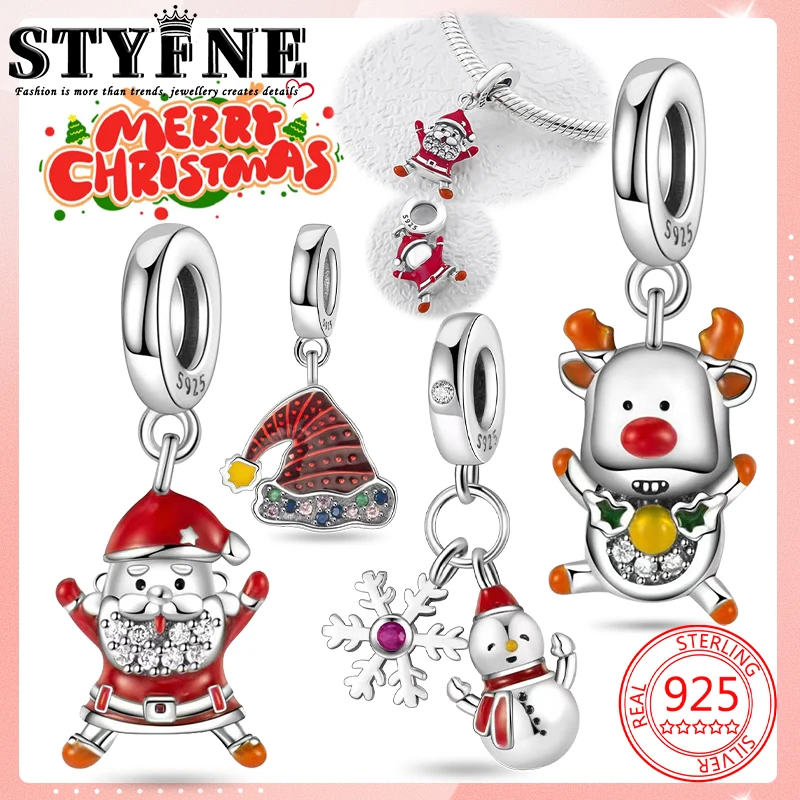 Symbols 2025 NEW Year Beads 925 Sterling Silver Red Christmas Hat Santa Claus Cute Elk Snowman Charms Bracelets Jewelry