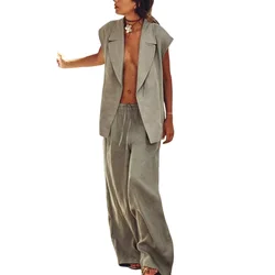 Women's Linen Vest with Belt and Vest Top Fashionable and Versatile Elastic Waist Wide Leg Pants Set New