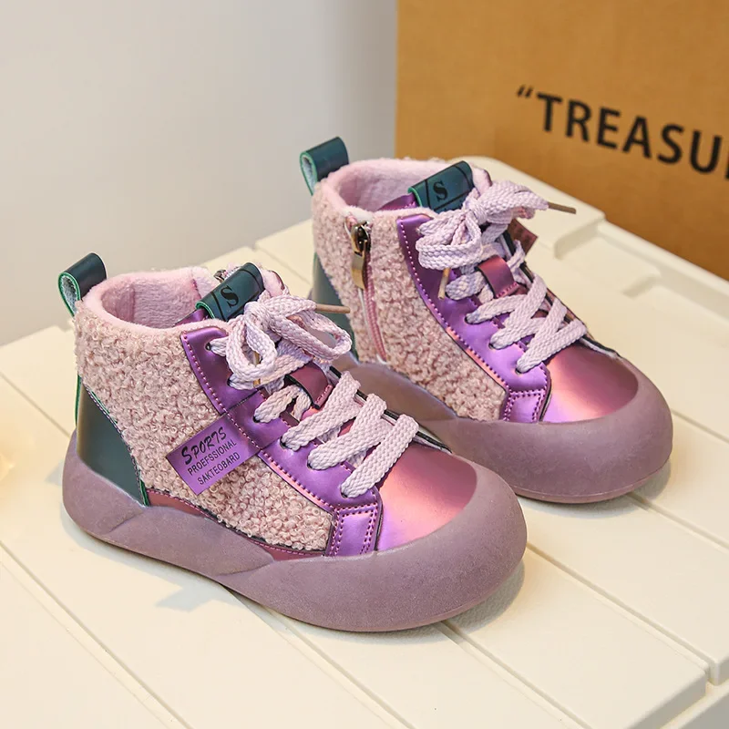 

Fashion Purple Black Lambswool High Top Sneakers for Kid Girls Casual Plush Short Boots Boys Winter Warm Furry Sport Shoes