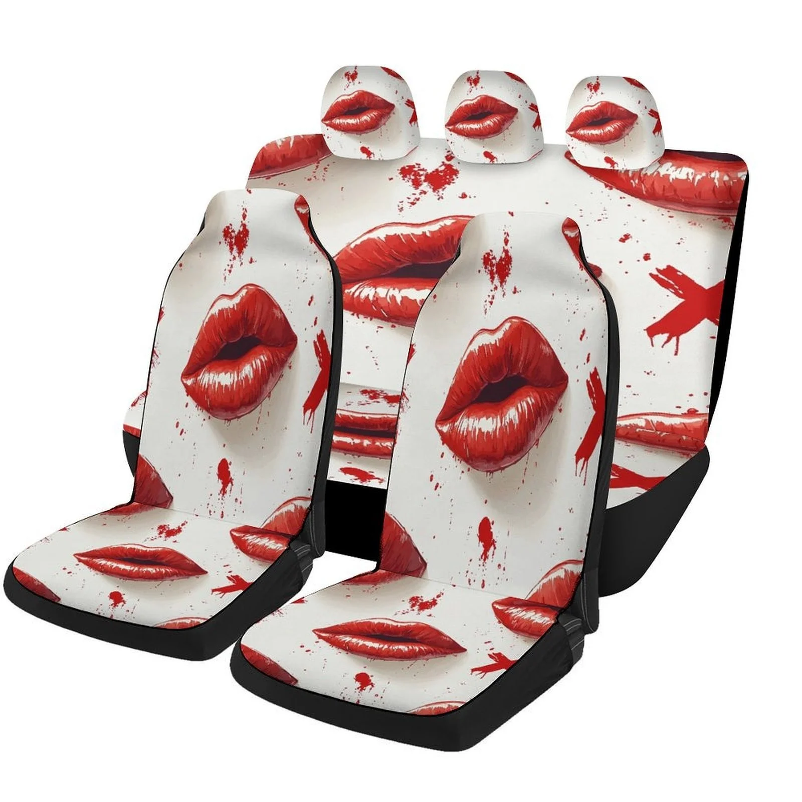 Car Seat Cover Set Featuring A Red Lips Design, Suitable For Various Vehicles. Stylish And Durable, This Complete Set Includes C