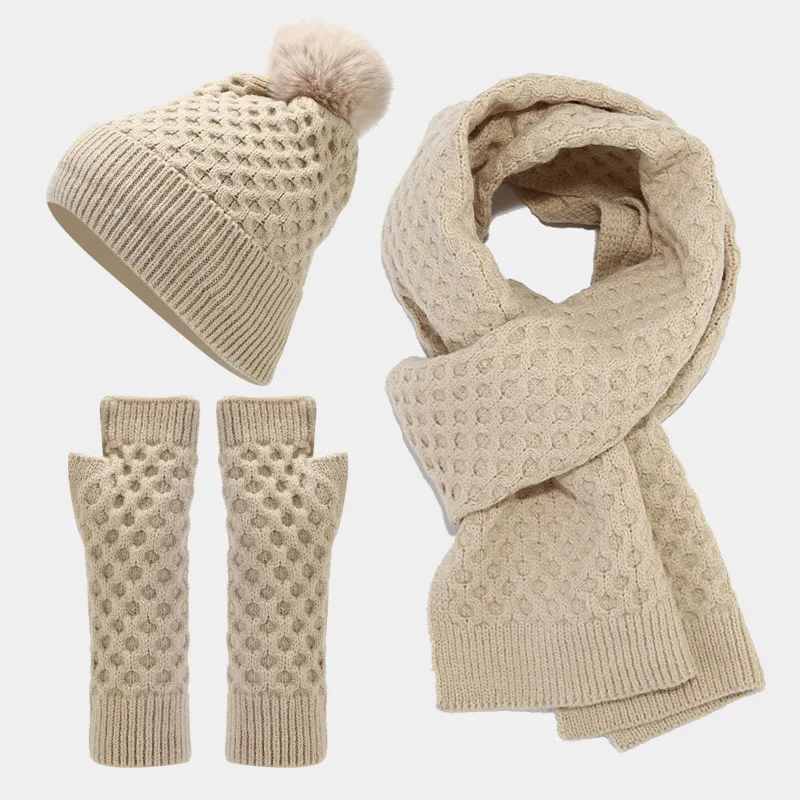 Autumn Winter New Solid Color Thickened Wool Hat Scarf Gloves Three-piece Set Trendy Fashion Shopping Warm Suits
