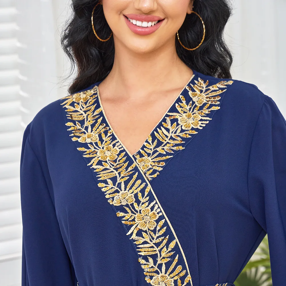 Muslim Robe Long Dress Dubai Robe Beaded Dress Waist Dress 2025 Autumn And Winter New Fashion Women's Clothing