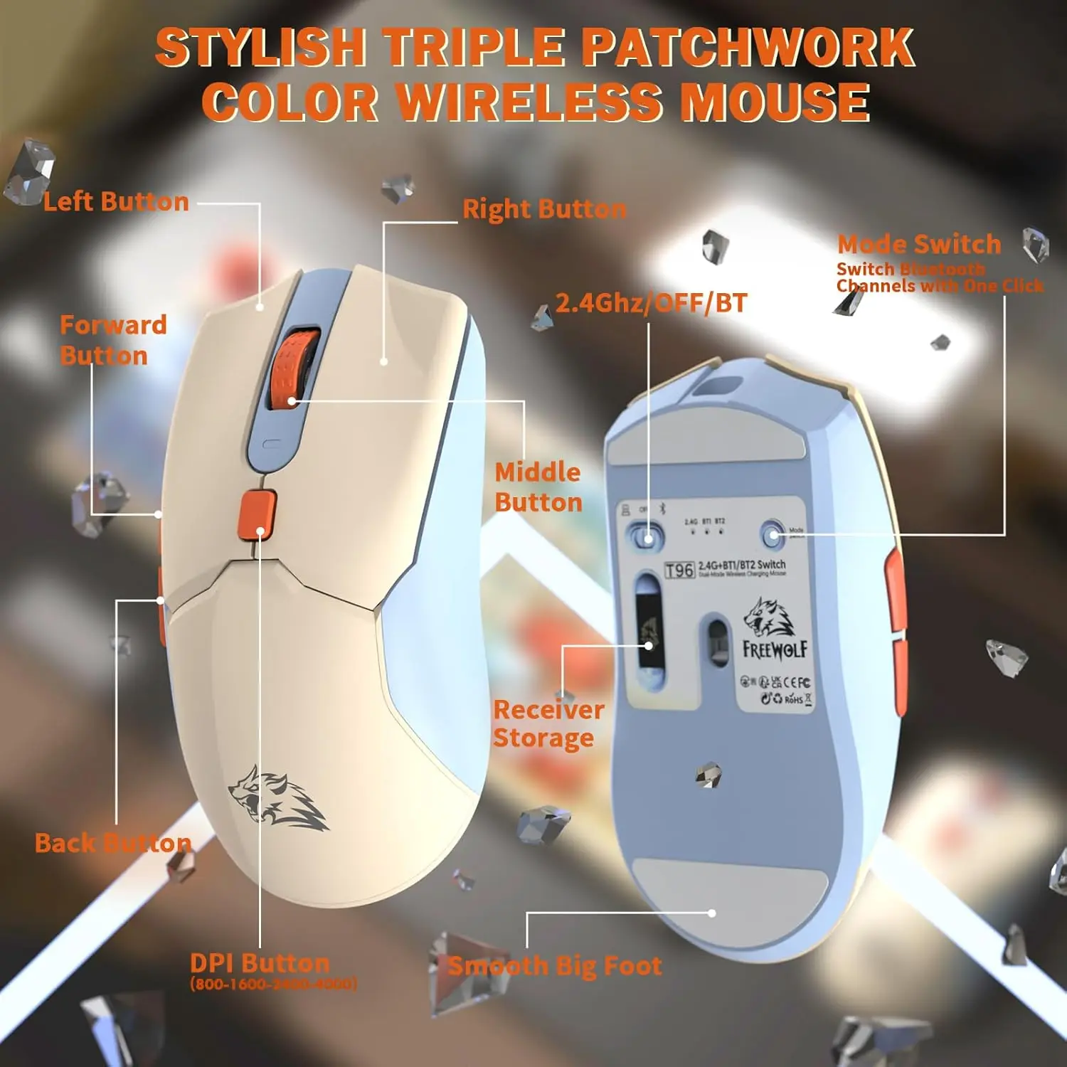 MAMBASNAKE x FREEWOLF T96 Smart Display Wireless Membrane Keyboard and Mouse Comb, 94Key LED Lighting Rechargeable Silent