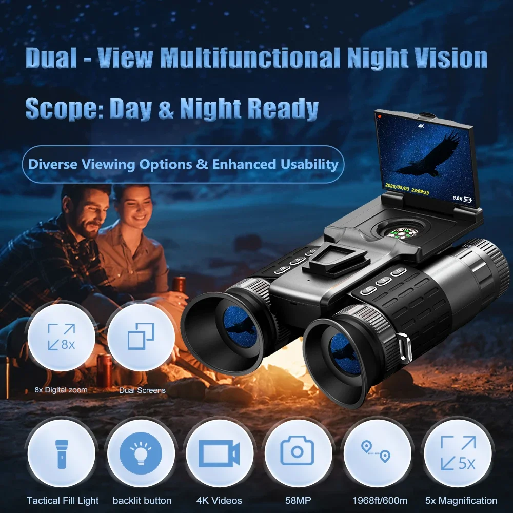 

Head mounted flip screen 4K infrared night vision device with binoculars, 8x magnification, flashlight and other functions