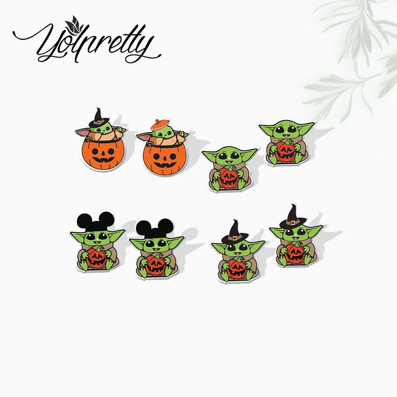 2024 New Arrival Cartoon Green Alien Baby with Pumpkin Halloween Cosplay Epoxy Stud Earrings Handcraft Acrylic Stud Earrings