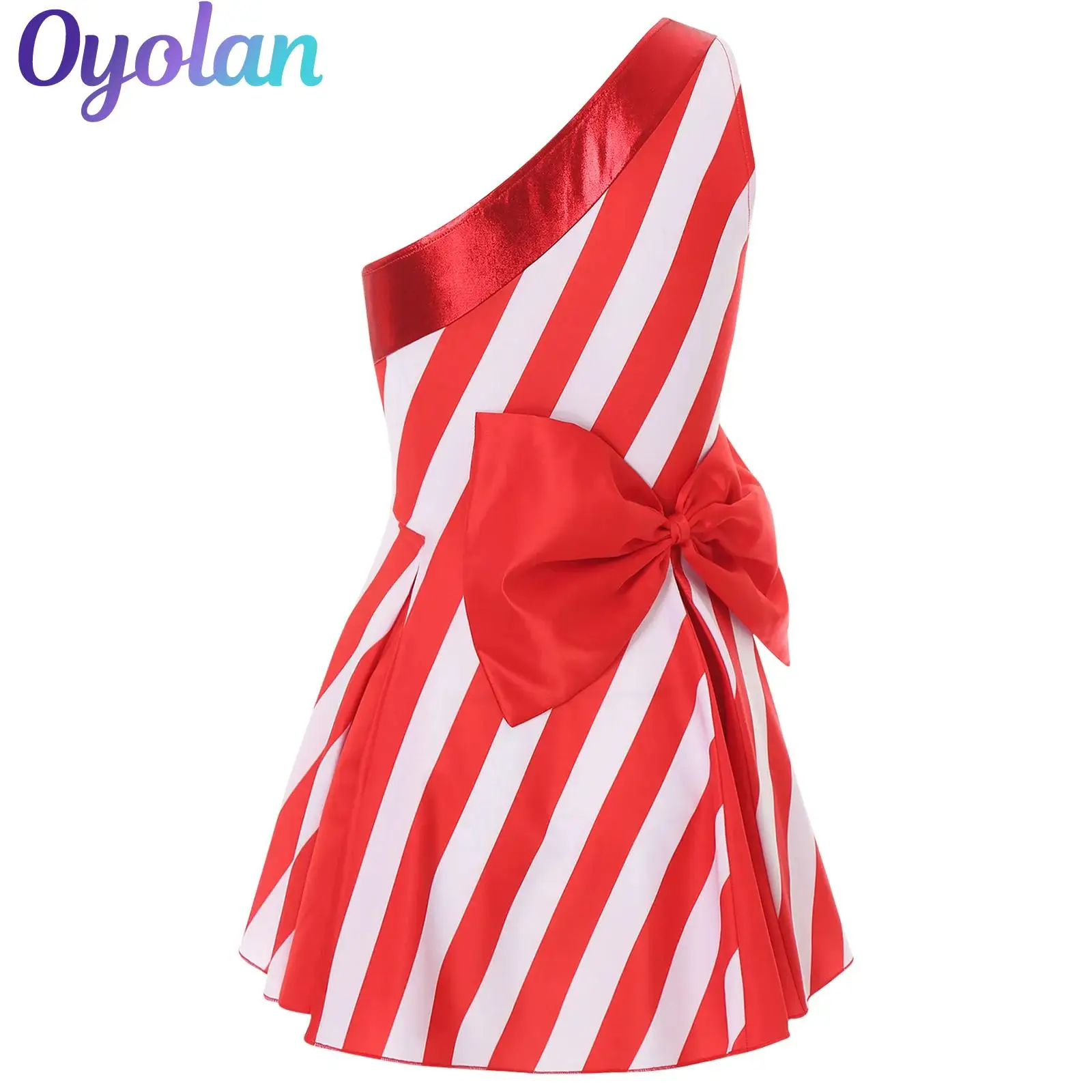 

Womens Christmas Xmas Miss Santa New Year Carnival Party Cosplay Costume Single Shoulder Bow Knot Stripe A-line Candy Cane Dress