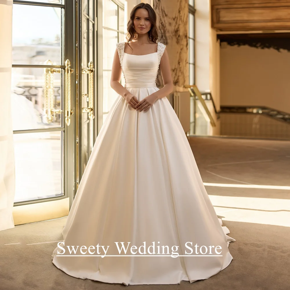 Elegant Woman Wedding Dresses Robe De Mariee Customized Square Neck Sleeveless Pleat Pearls Satin Bridal Gown Sweep Train
