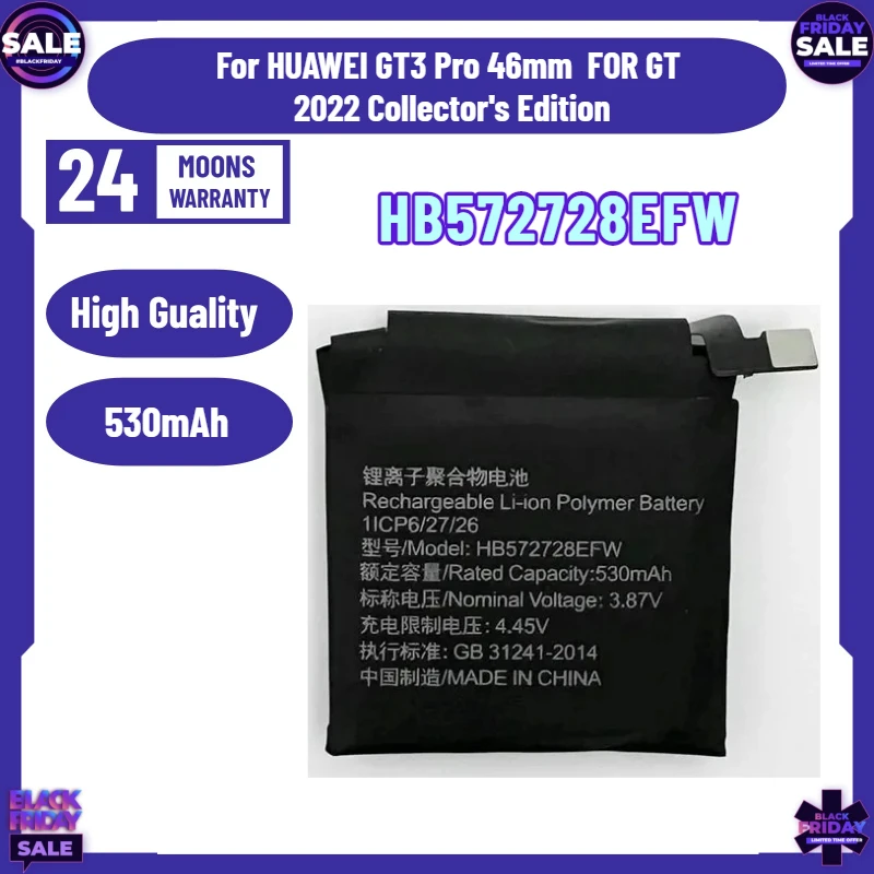 

High Quality HB572728EFW 530mAh Battery for HUAWEI GT3 Pro 46mm GT3PRO 46mm Battery for Huawei Watch GT 2022 Collector's Edition