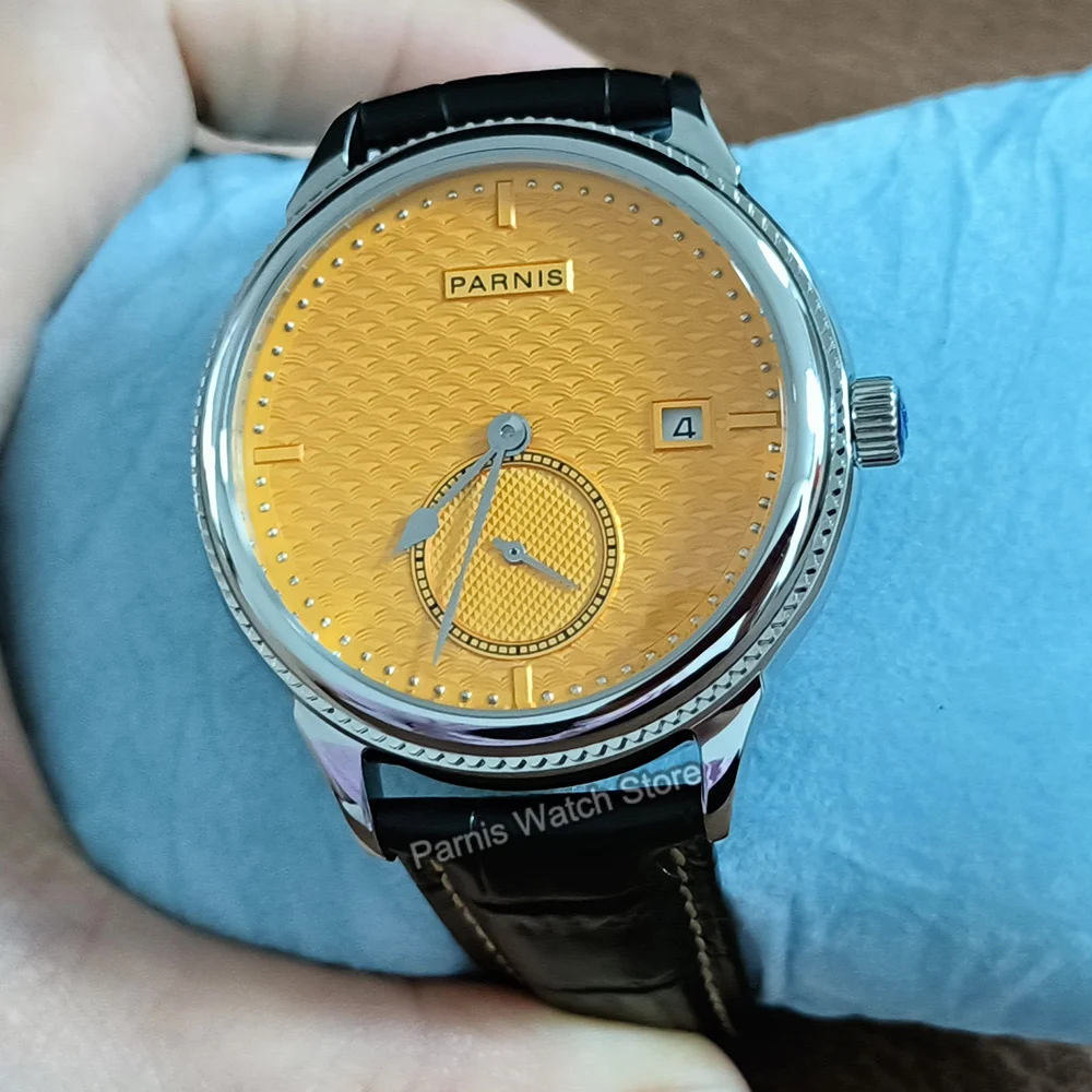 Parnis 42mm Silver Case Yellow Dial Automatic Mechanical Men's Watch Power Reserve Calendar Leather Strap Sports Men Watches