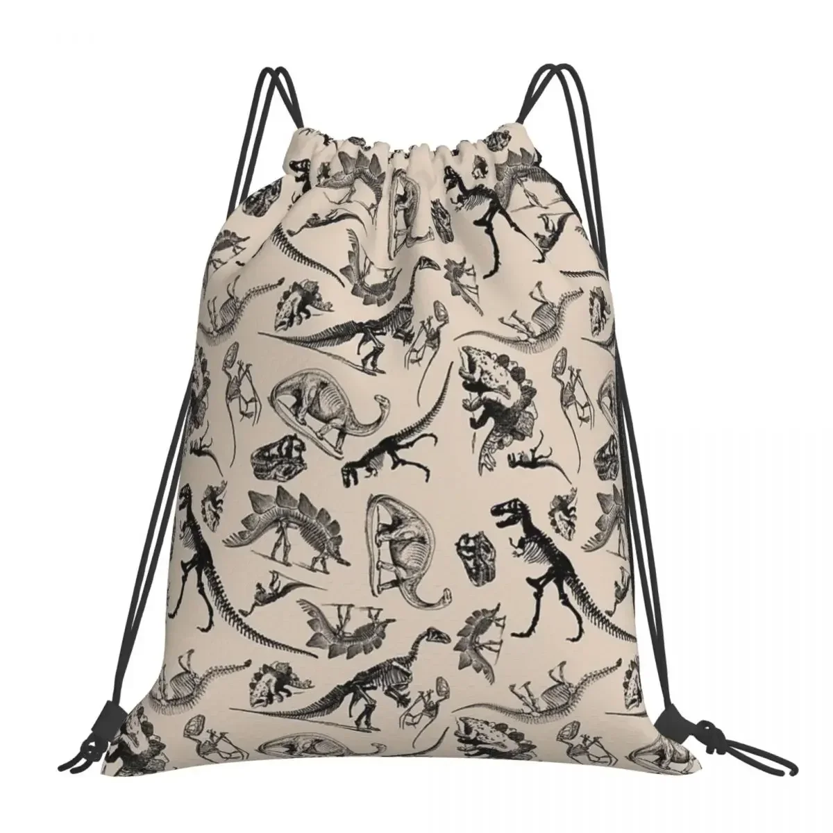 Vintage Museum Dinosaurs And Skeletons Black And Cream Backpacks Drawstring Bags Drawstring Bundle Pocket Sports Bag BookBag