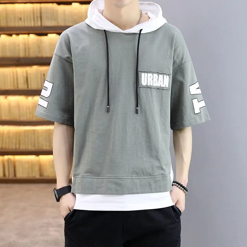 Men\'s T-shirt summer Korean fashion hooded short sleeve shirt hip hop Street trend half sleeve top