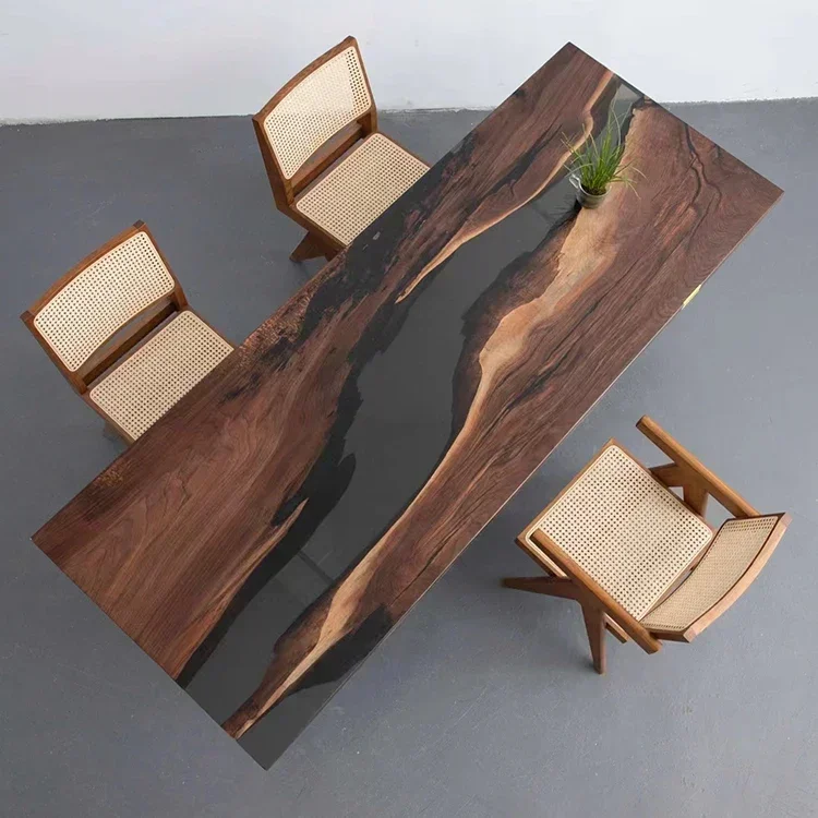 New Hot Sale Black And Wood Epoxy Dining Table Black Walnut Wood Epoxy Resin Island Kitchen Table Elegant Luxury Home Furniture