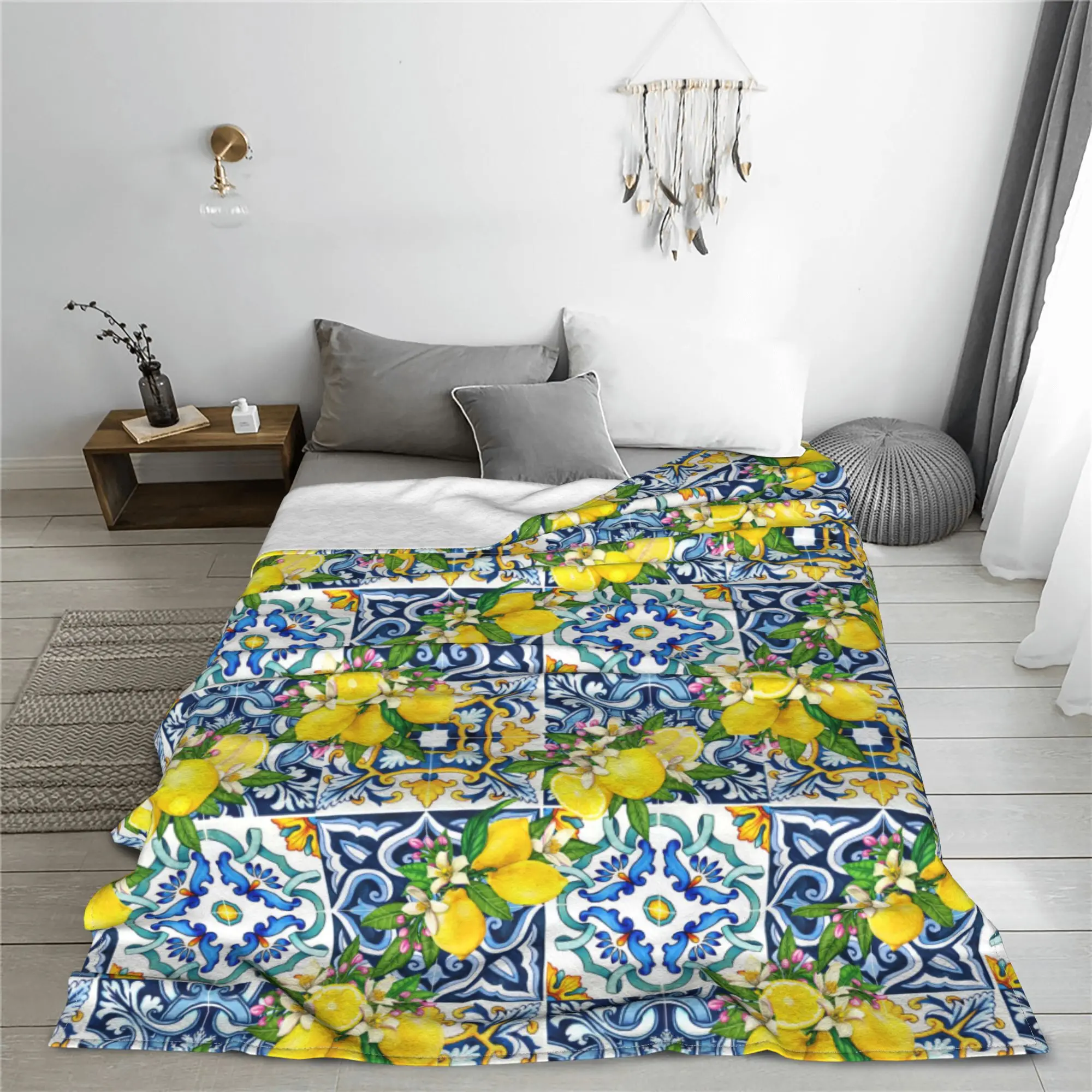 Bright Mediterranean Sicilian Tiles with Citrus Lemons Blanket Flannel Sofa Throw Blanket for Home Bedroom Outdoor Quilt