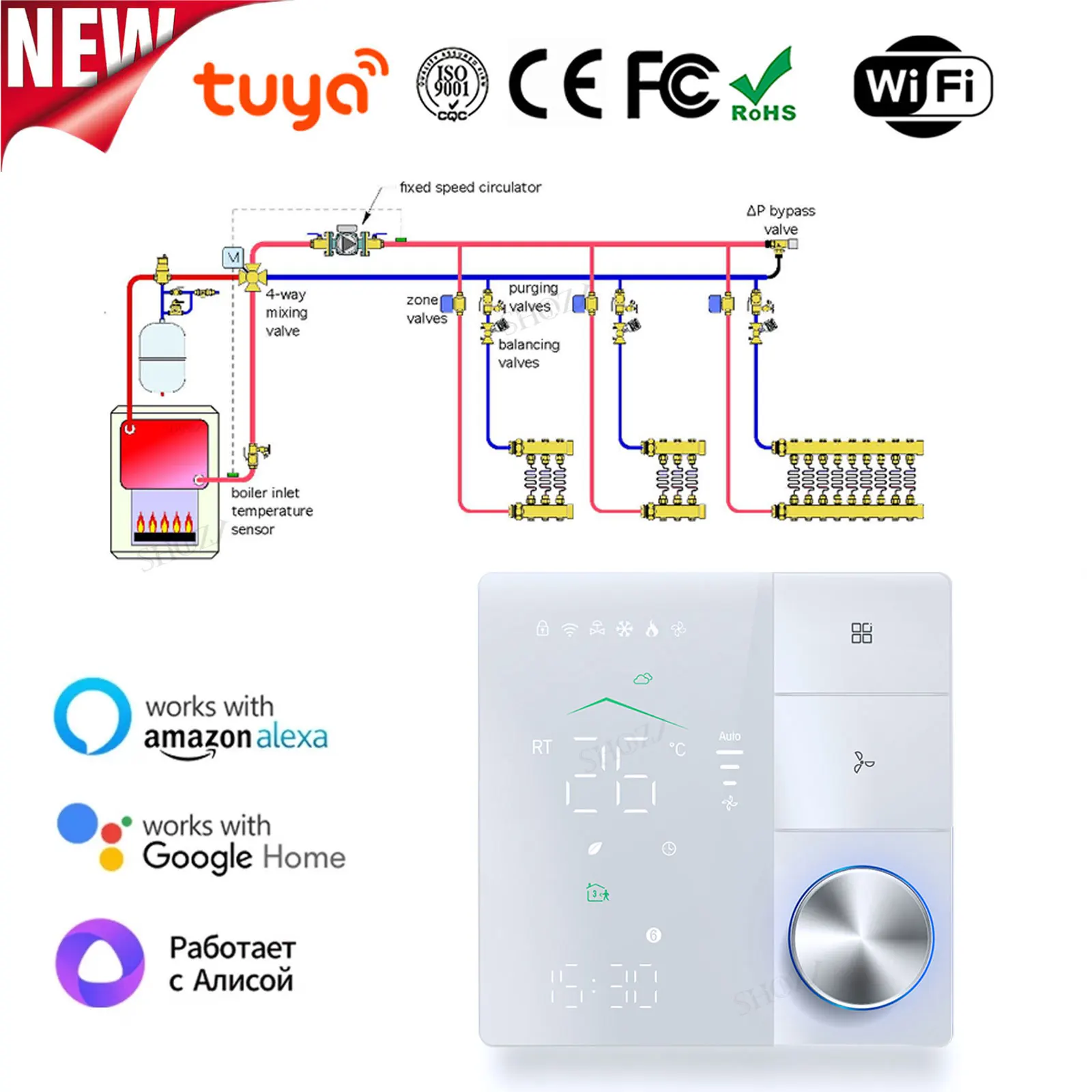 New Knob Thermostat for Tuya WiFi Central Air Conditioning Thermostat, Smart Heating Cool 3 Speed Fan Coil Unit, Voice Control