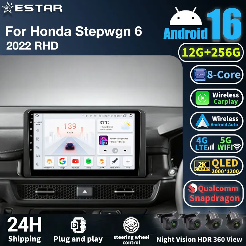 Android 16 Car Radio For Honda Stepwgn 6 2022 GPS Multimedia Player Navi Head Unit Stereo Wireless Carplay Auto 360 Camera Video